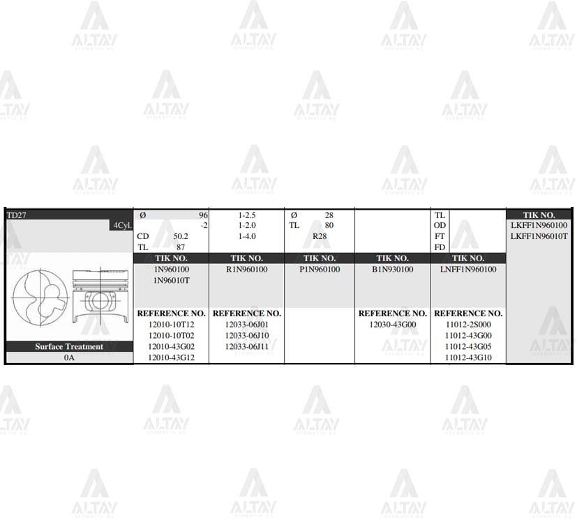 PİSTON TAKIM PICKUP 2.7L / 89-97 /  96.00mm / TD27 / STD