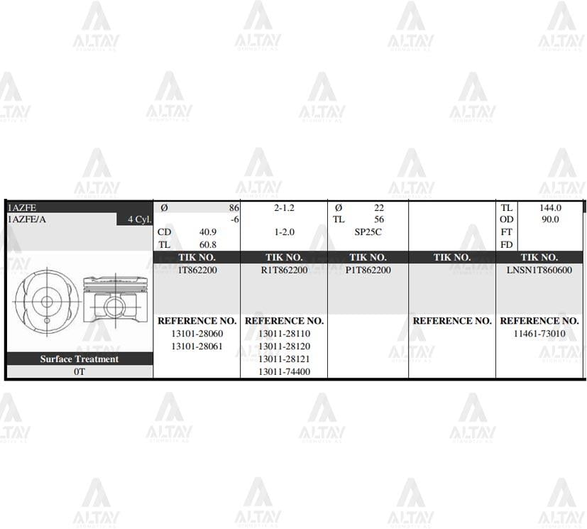 PİSTON TAKIM RAV-4 2.0L / AVENSIS 01-03 / 86.50mm / 1AZFSE / 0.50