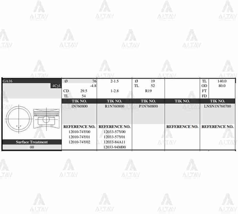 PİSTON TAKIM SUNNY 1.6L /  90-91 / PRIMERA /  96-00 / 76.50mm / GA16 / 0.50