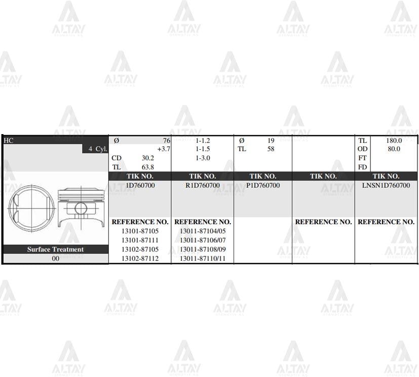 PİSTON TAKIM TERIOS 1.3L /  97-01 / CHARADE 1.3L  96-98 / 76.00mm / STD