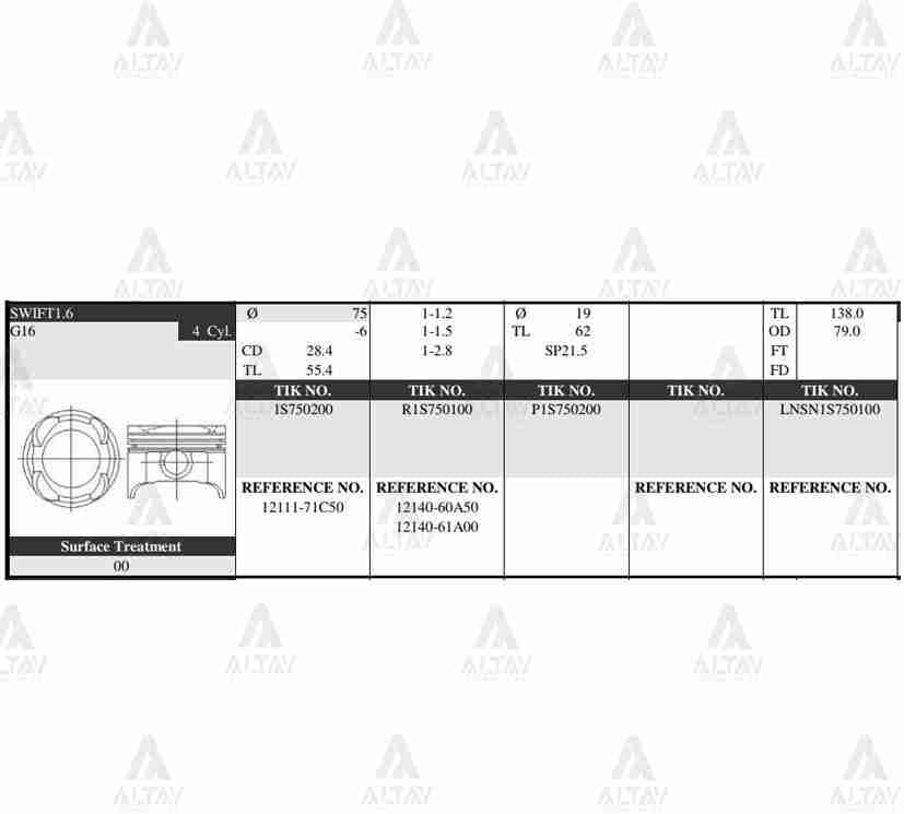 PİSTON TAKIM VITARA 1.6L 16V / 89-99 / 75.50mm / G16B / 0.50