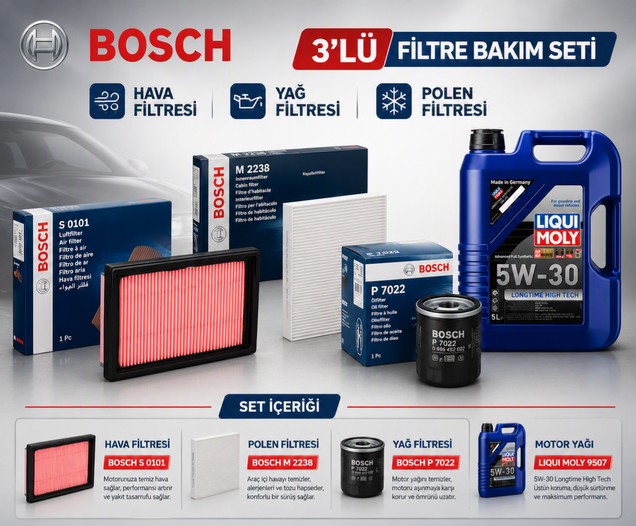 Qashqai J10 06-14 1,5 Dizel K9K - Bosch 3'Lü Bakım Seti Yağ-Hava-Polen Filtresi Ve Yağ