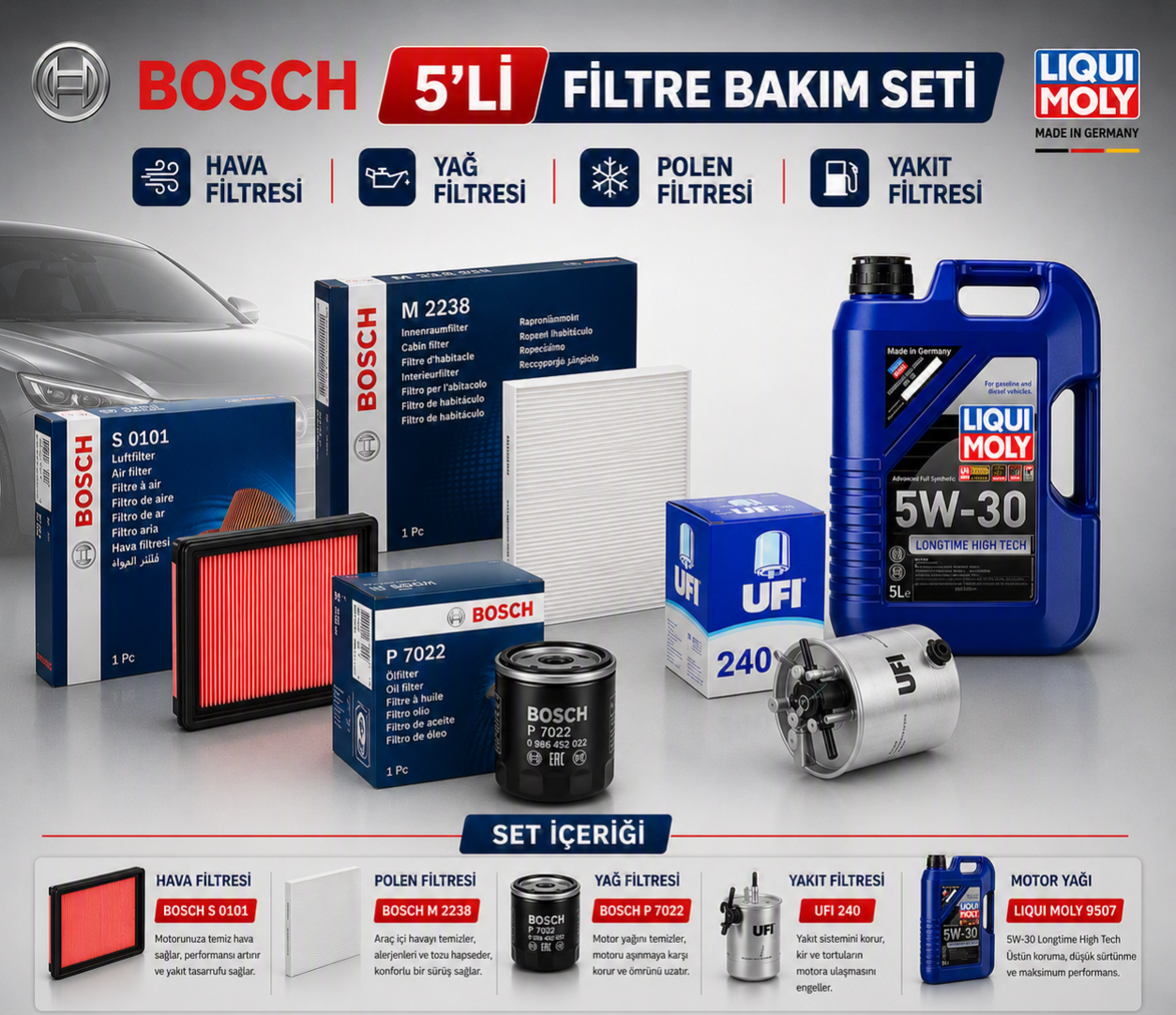 Qashqai J10 06-14 1,5 Dizel K9K - Bosch / Ufi 4'Lü Bakım Seti Yağ-Hava-Polen-Mazot Filtresi Ve 5 Litre Motor Yağı