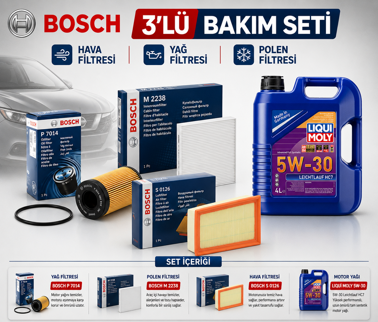 Qashqai J10 06-14 1,6 Benzinli Hr16 - Bosch 3'Lü Bakım Seti Yağ-Hava-Polen Filtresi Ve 5 Litre Motor Yağı