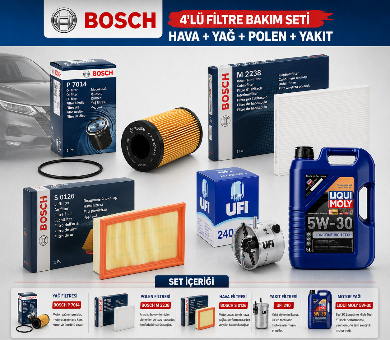 Qashqai J10 06-14 2.0 Dizel M9R - Bosch / Ufi 4'Lü Bakım Seti Yağ-Hava-Polen-Mazot Filtresi Ve 5 Litre Motor Yağı