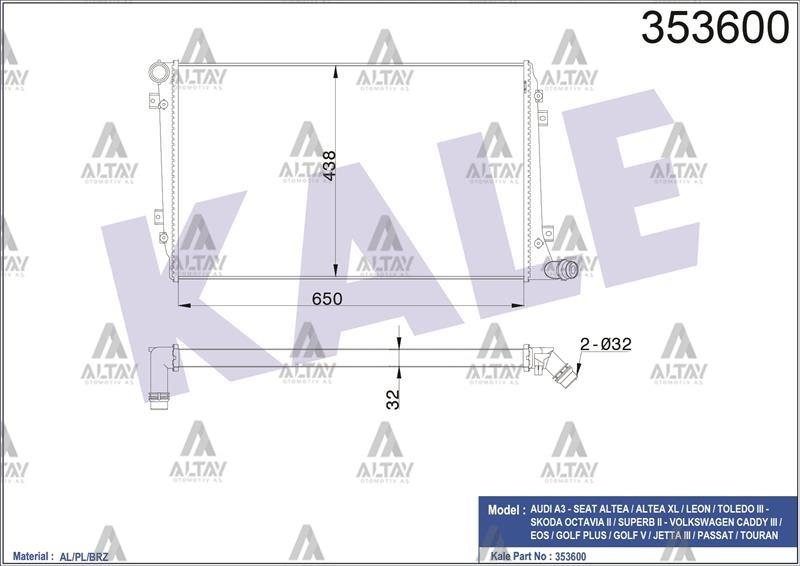 RADYATÖR SU CADDY / OCTAVIA / LEON / GOLF5 / PASSAT 04-10 BLS-BMM 1.9 TDI-2.0 TDI BRAZING