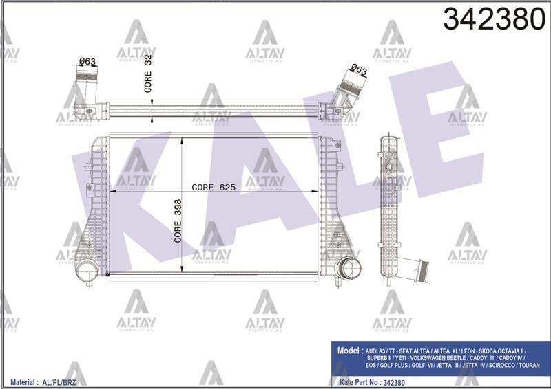 TURBO RADYATÖRÜ (INTERCOOLER) CADDY / JETTA / GOLF 10= CAYB-CAYC-CAYE-CBAB 1.6 TDI-2.0 TDI BRAZING