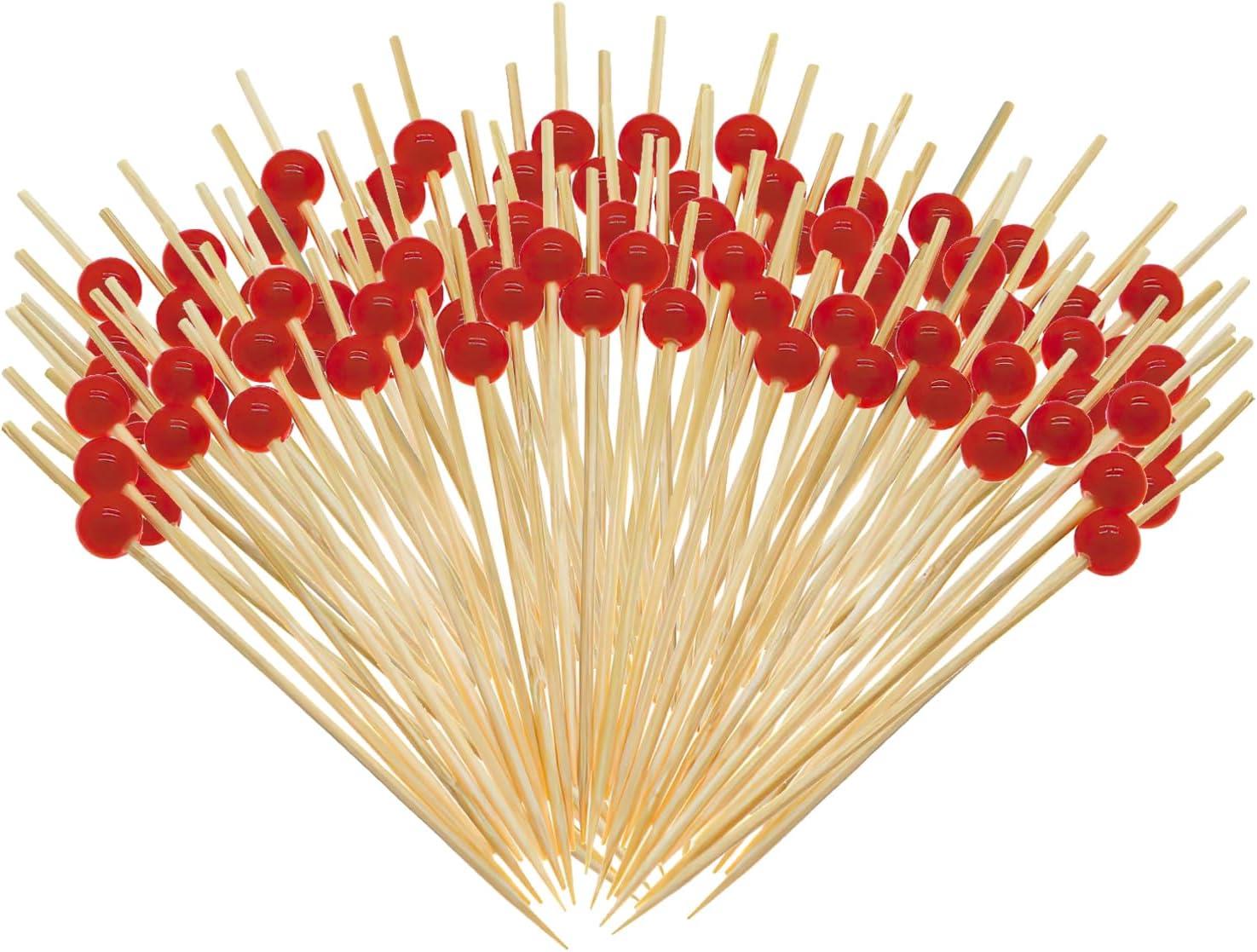 100 Adet Kırmızı Boncuklu Bambu Kürdan, Yiyecek, Kokteyl, Parti Malzemeleri, İçecekler, Mezeler ve Meyve Sunumları İçin 12cm Kürdan 
