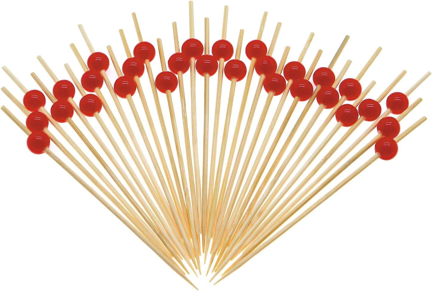 100 Adet Kırmızı Boncuklu Bambu Kürdan, Yiyecek, Kokteyl, Parti Malzemeleri, İçecekler, Mezeler ve Meyve Sunumları İçin 12cm Kürdan 