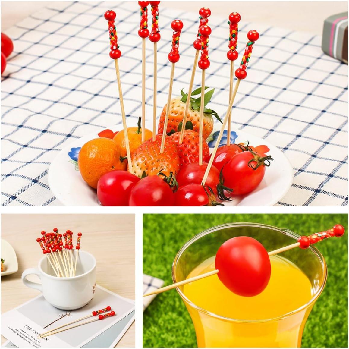 100 Adet Kokteyl, Bambu Meyve Kürdanları, Barbekü, İçecek, Tatlı, Meze, Parti Malzemeleri için Kırmızı Örgülü Çok Amaçlı Bambu Kürdan 12cm