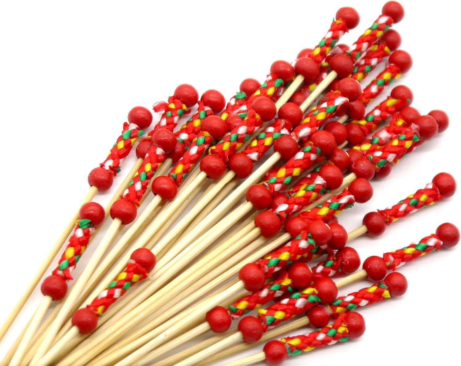 100 Adet Kokteyl, Bambu Meyve Kürdanları, Barbekü, İçecek, Tatlı, Meze, Parti Malzemeleri için Kırmızı Örgülü Çok Amaçlı Bambu Kürdan 12cm