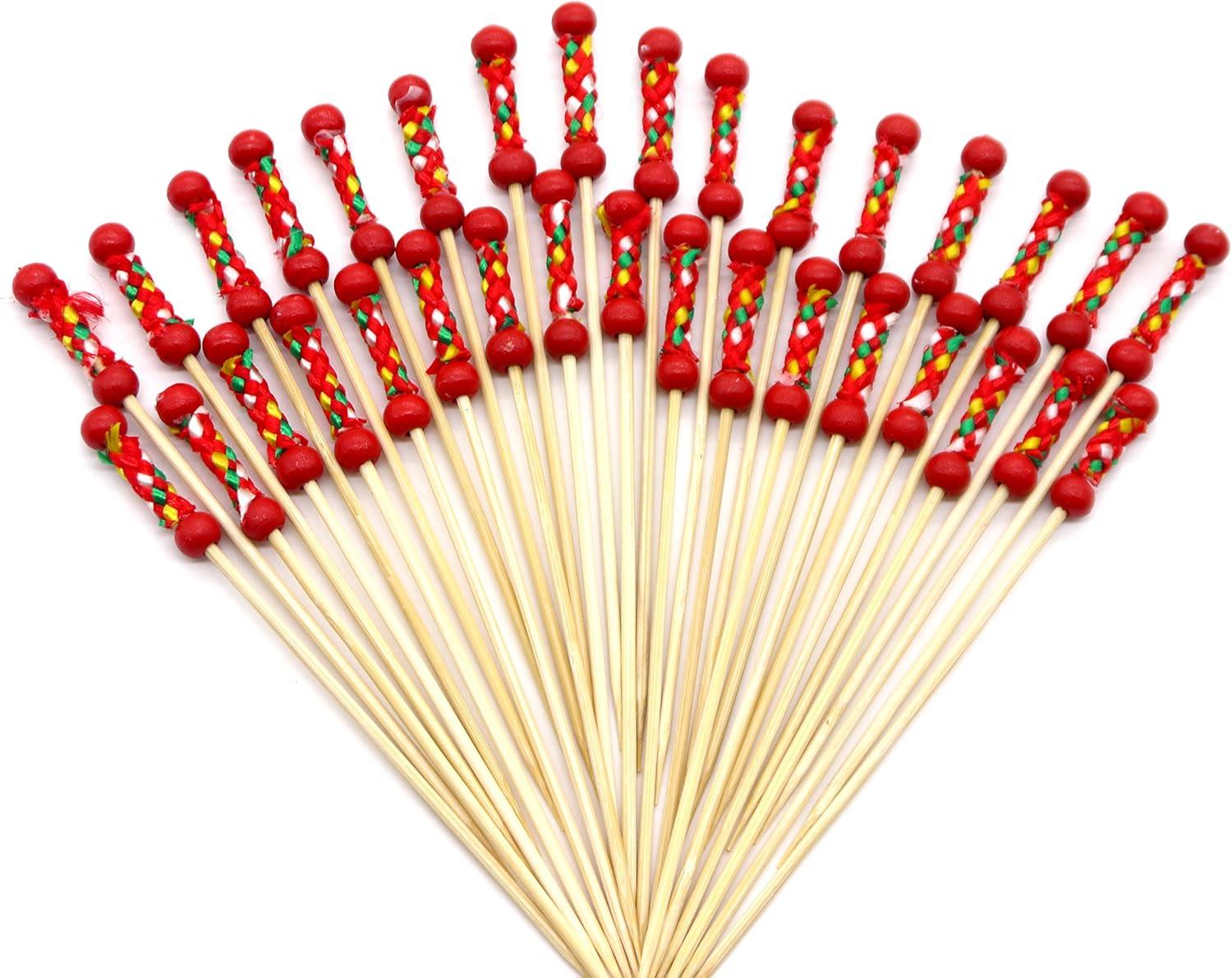 100 Adet Kokteyl, Bambu Meyve Kürdanları, Barbekü, İçecek, Tatlı, Meze, Parti Malzemeleri için Kırmızı Örgülü Çok Amaçlı Bambu Kürdan 12cm