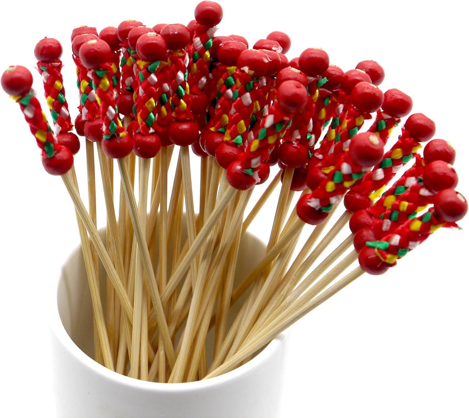 100 Adet Kokteyl, Bambu Meyve Kürdanları, Barbekü, İçecek, Tatlı, Meze, Parti Malzemeleri için Kırmızı Örgülü Çok Amaçlı Bambu Kürdan 12cm
