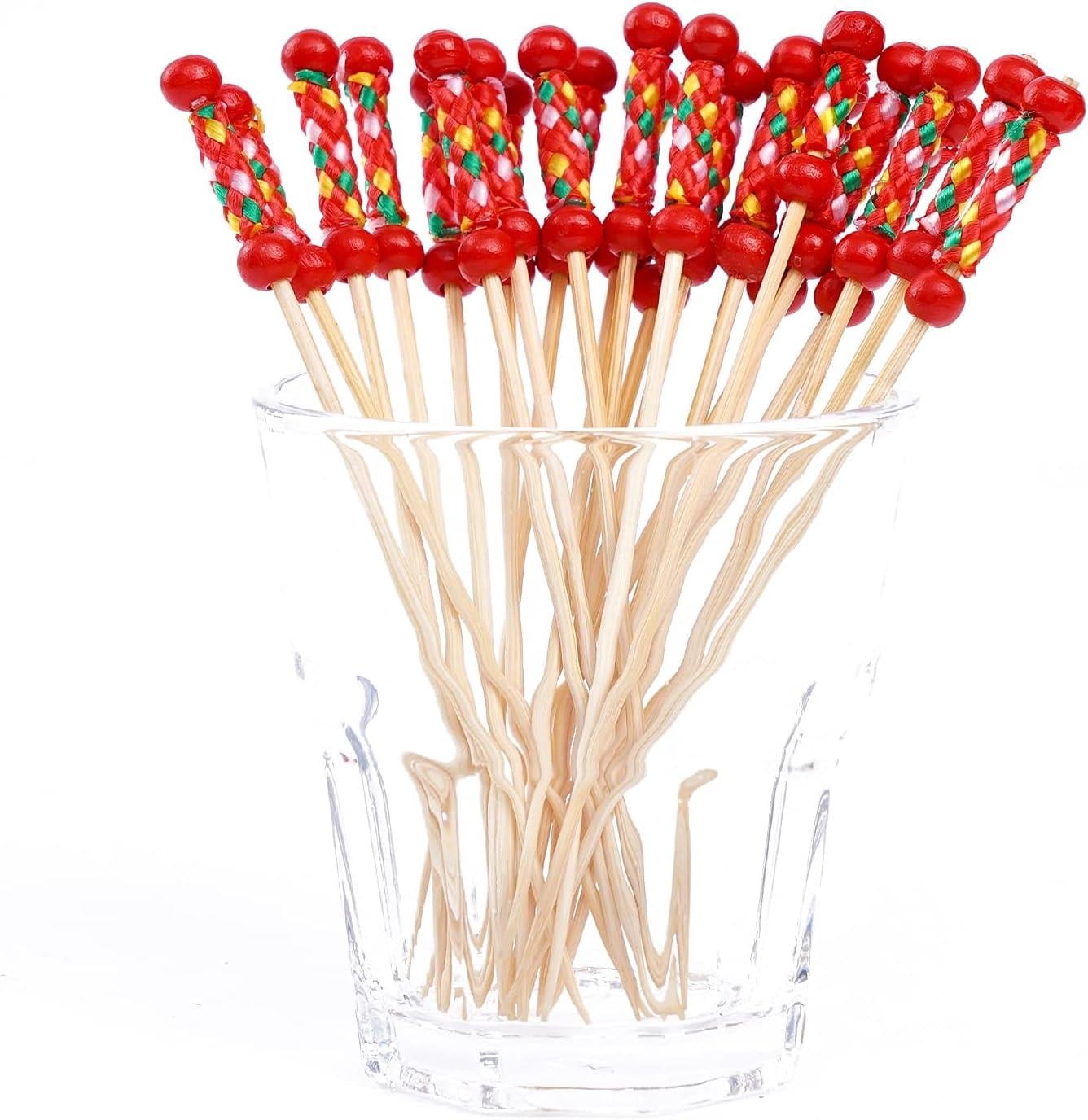 100 Adet Kokteyl, Bambu Meyve Kürdanları, Barbekü, İçecek, Tatlı, Meze, Parti Malzemeleri için Kırmızı Örgülü Çok Amaçlı Bambu Kürdan 12cm