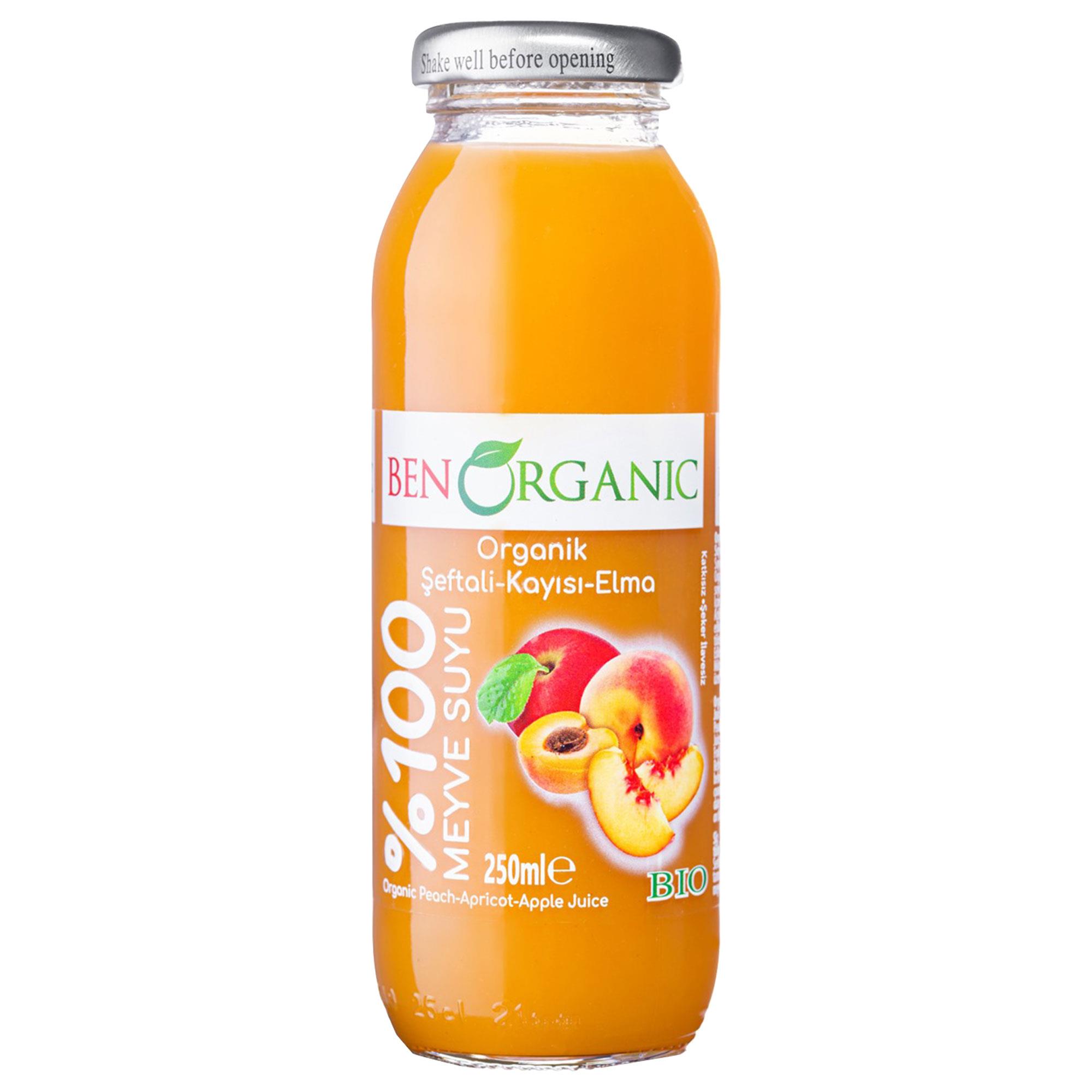 BENORGANIC Organik Kayısı Şeftali Elma Suyu 250 ml x 6 Adet Cam Şişe
