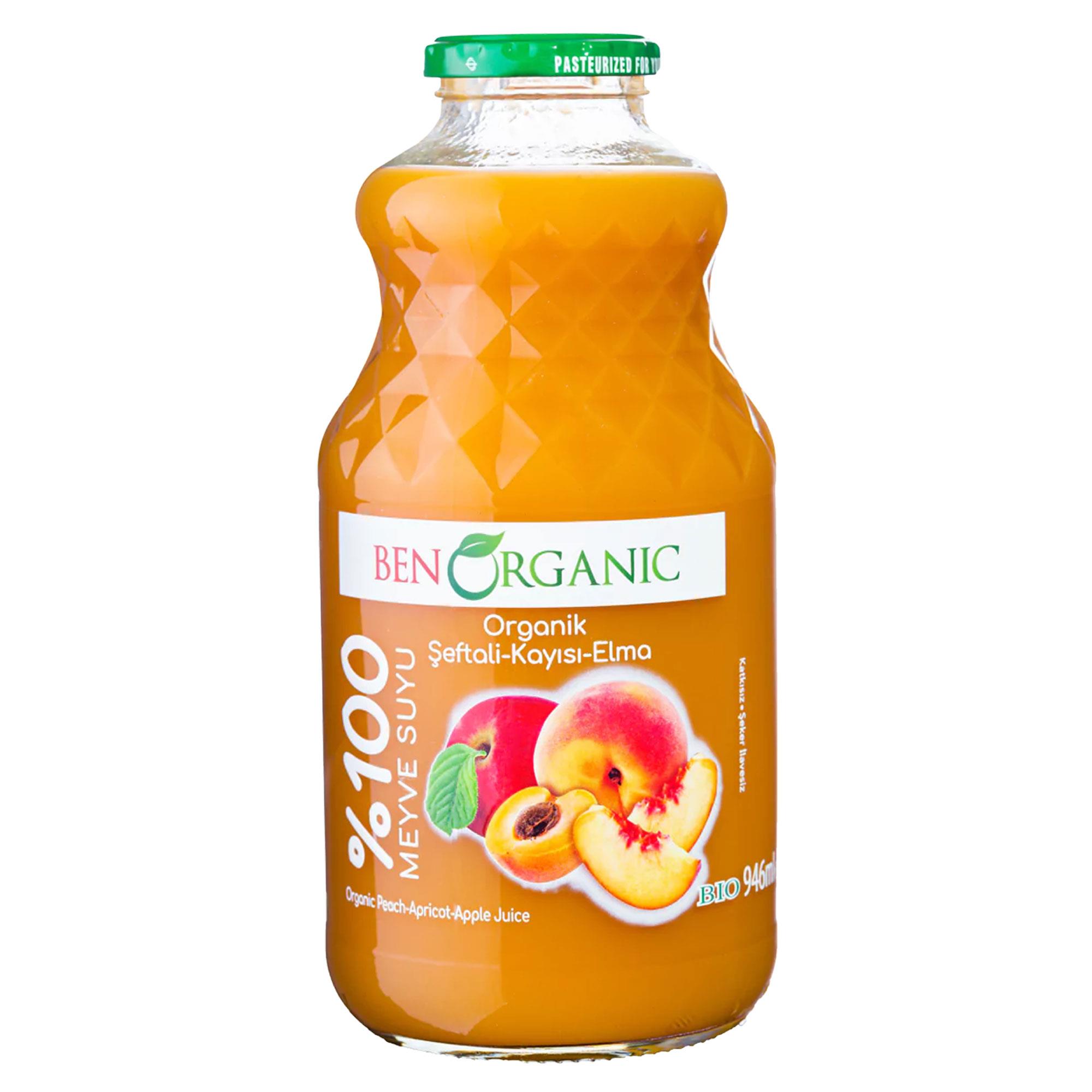 BENORGANIC Organik Şeftali Kayısı Elma Suyu 946 ml Cam Şişe