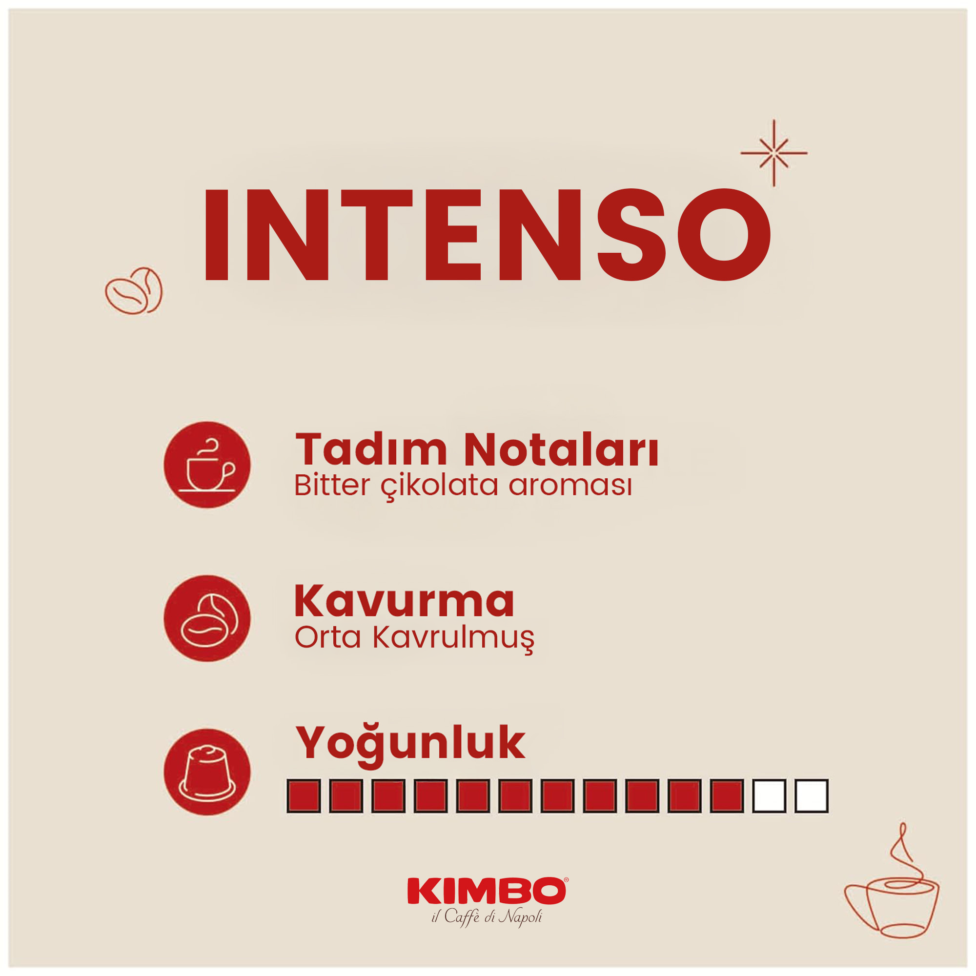 KIMBO INTENSO Çekirdek Kahve | Orta Kavrulmuş | 12/13 Yoğunluk | Dengeli ve Kremsi | İtalya'da Harmanlanmış ve Kavrulmuş | 1 Kg x 6 Adet