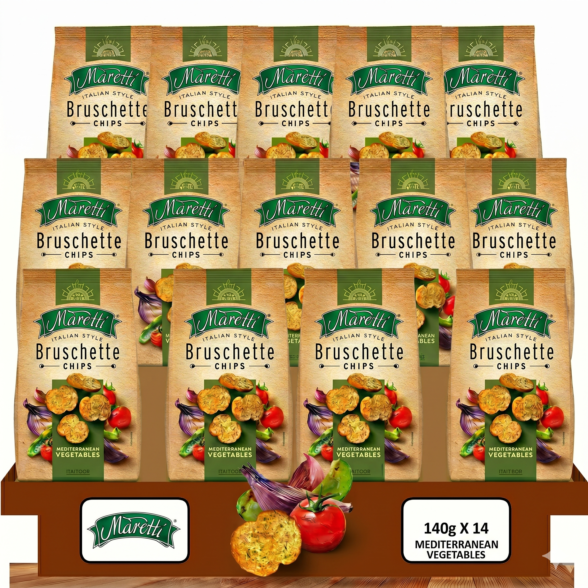 Maretti Bruschette Chips Akdeniz Sebzeli Fırınlanmış Ekmek Cipsi 140 g x 14 Adet (Koli)