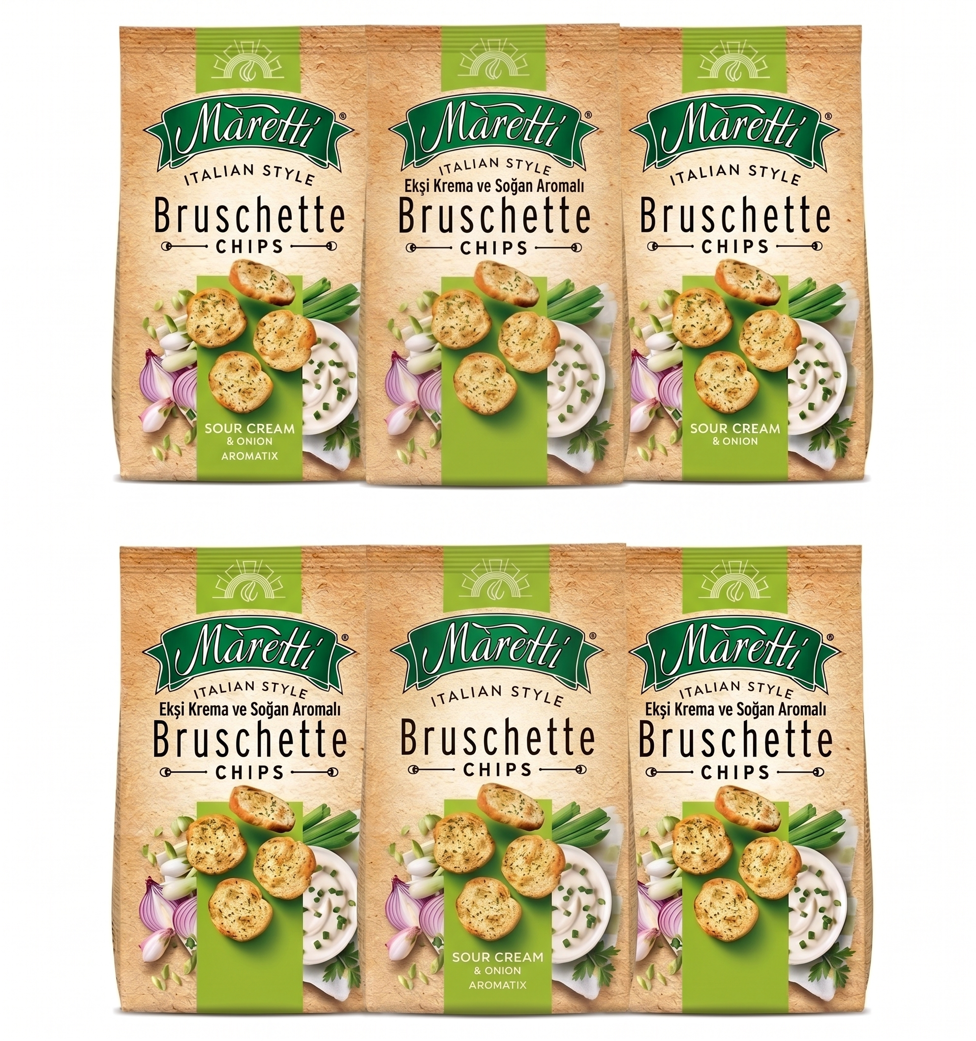 Maretti Bruschette Chips Ekşi Krema ve Soğanlı Ekmek Cipsi 140 g x 6 Adet