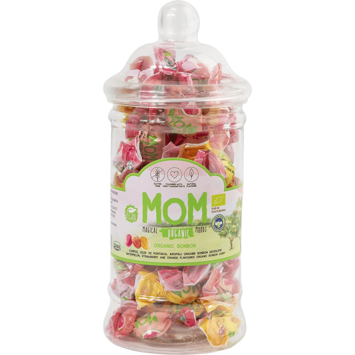 MOM Organik Meyve Aromalı ve Yeşil Nane Aromalı Bonbon Şeker 126 g Plastik Kavanoz