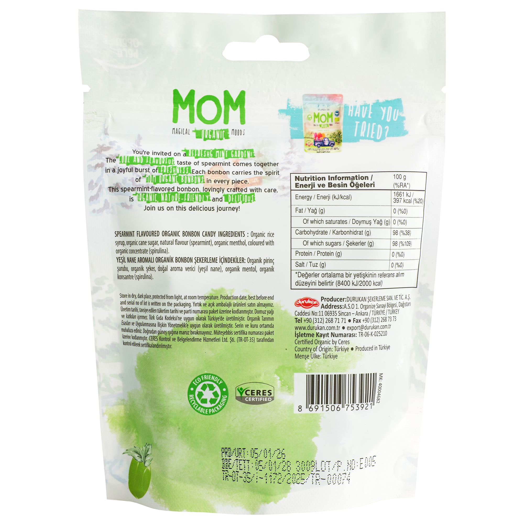 MOM Organik Naneli Bonbon Şeker 56 g x 12 Adet (Koli)