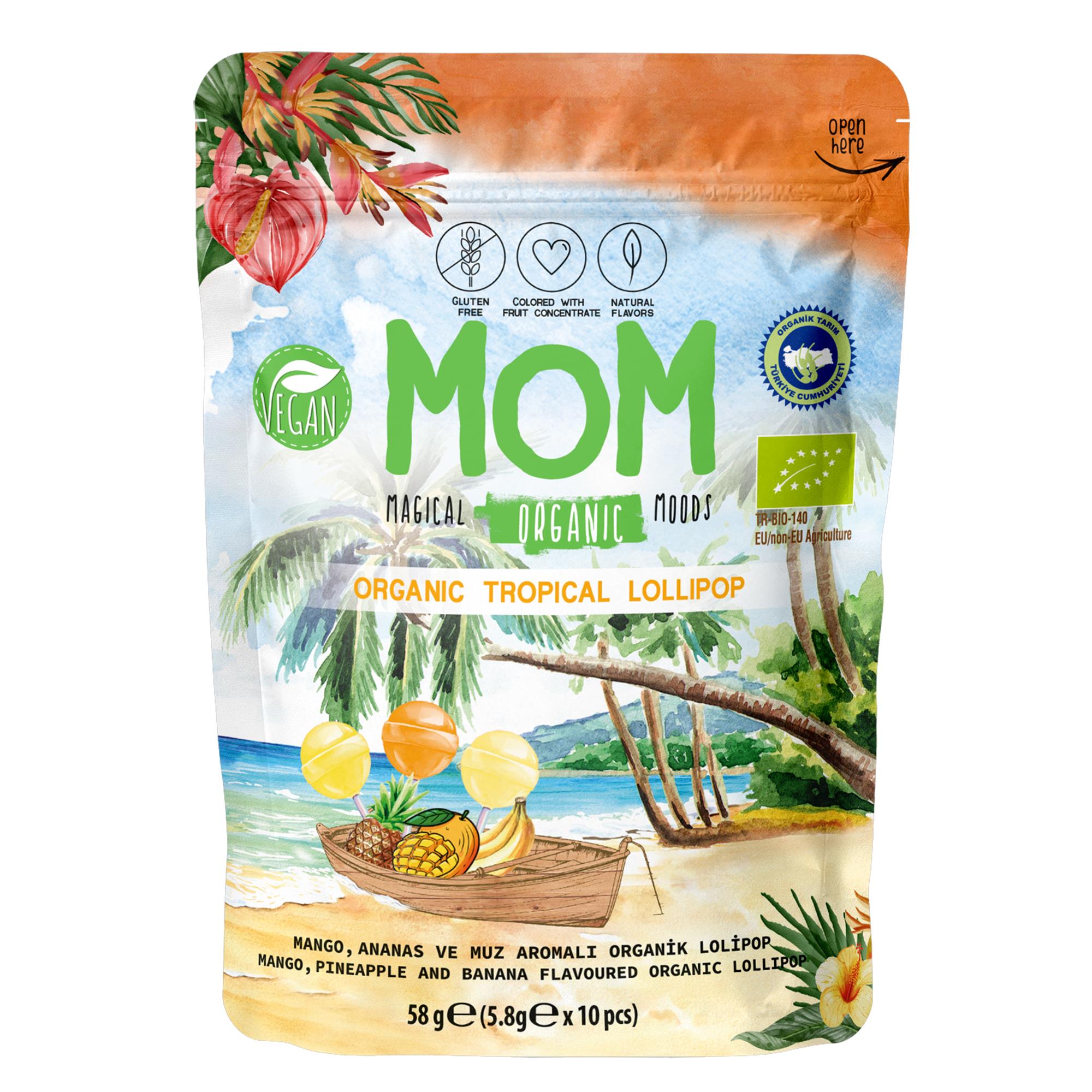 MOM Organik Tropikal Lolipop | Mango, Ananas, Muz Aromalı Lolipop | 58g x 12 Adet
