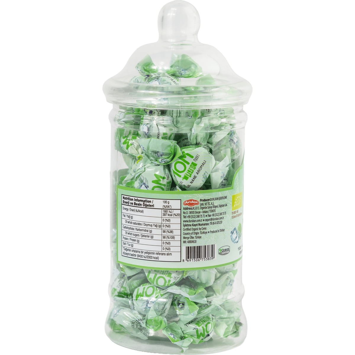 MOM Organik Yeşil Nane Aromalı Bonbon Şeker 126 g Plastik Kavanoz