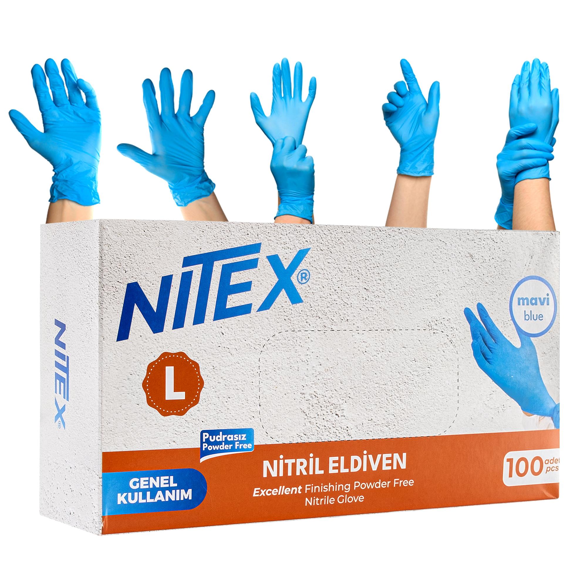 NITEX Pudrasız Mavi Nitril Eldiven L Beden - 20 Kutu (1 Koli - 2000 Adet)