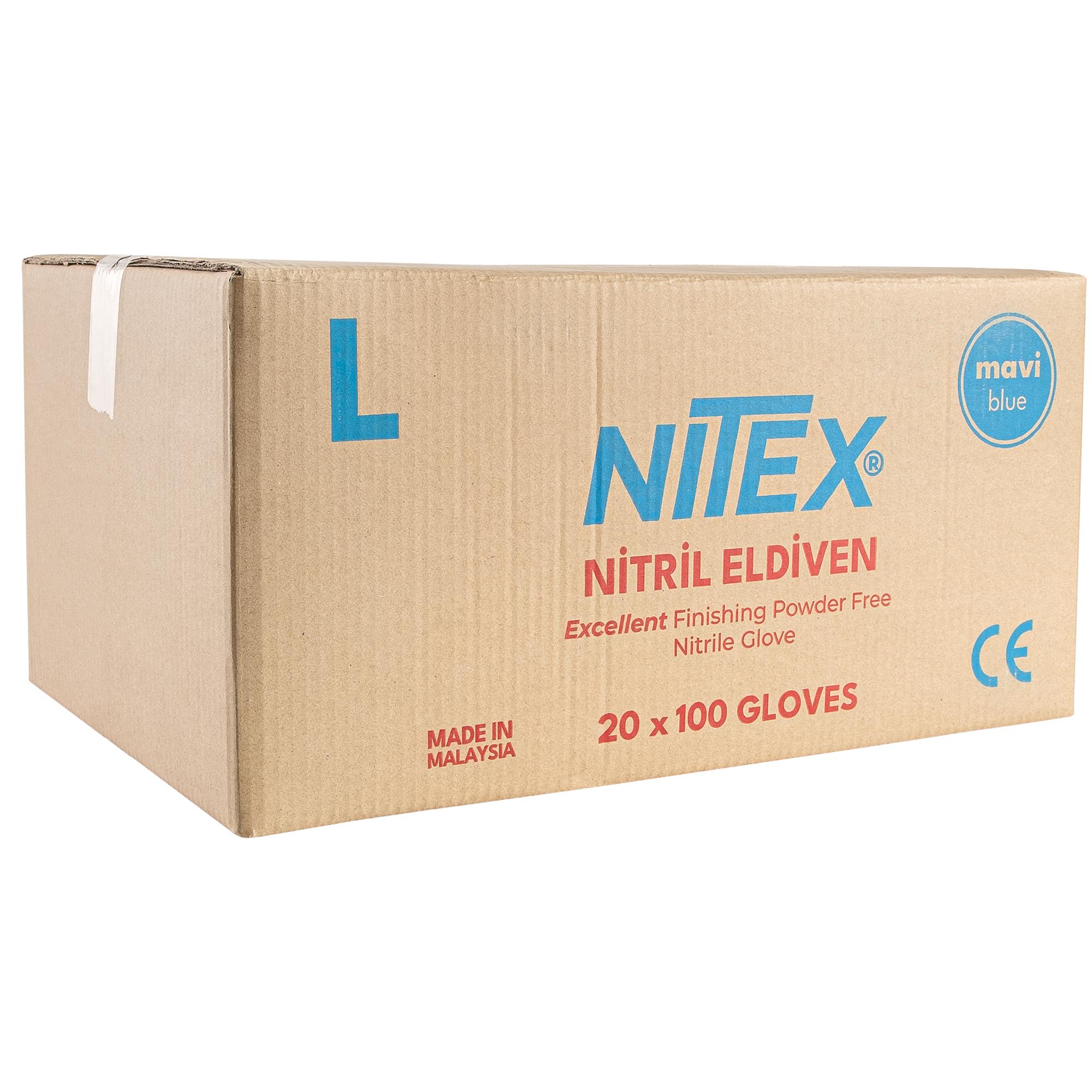 NITEX Pudrasız Mavi Nitril Eldiven L Beden - 20 Kutu (1 Koli - 2000 Adet)