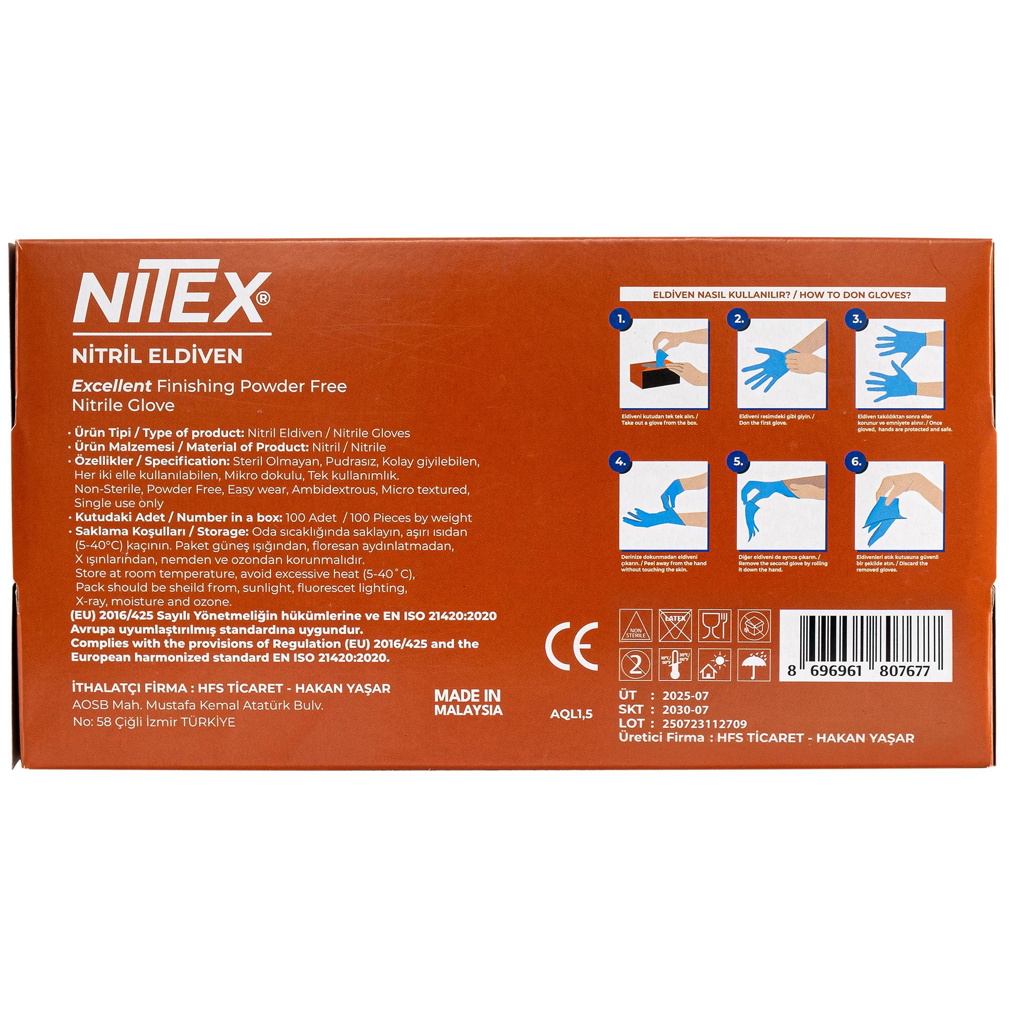 NITEX Pudrasız Mavi Nitril Eldiven L Beden 100'lü Kutu