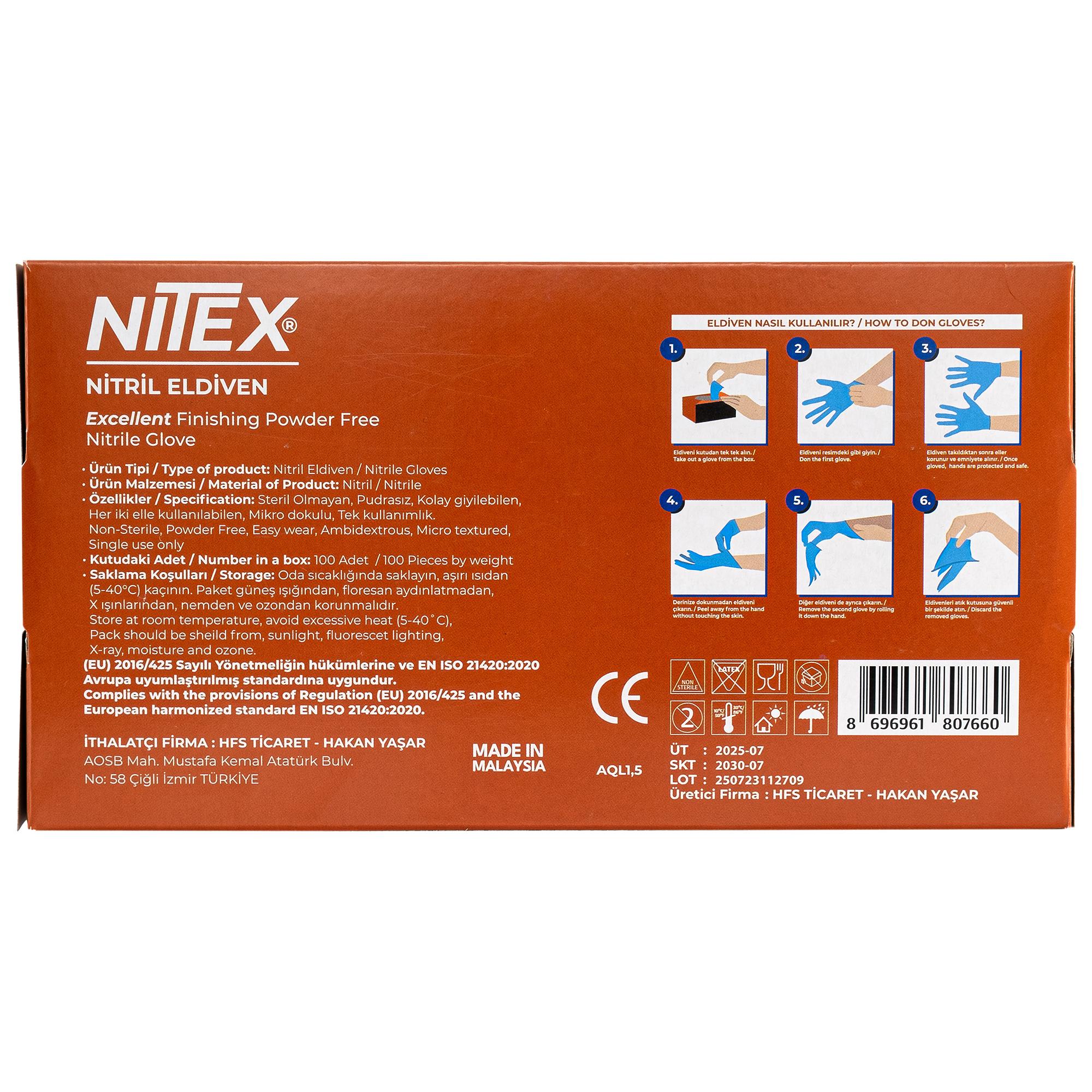 NITEX Pudrasız Mavi Nitril Eldiven M Beden – 20 Kutu (1 Koli – 2000 Adet)