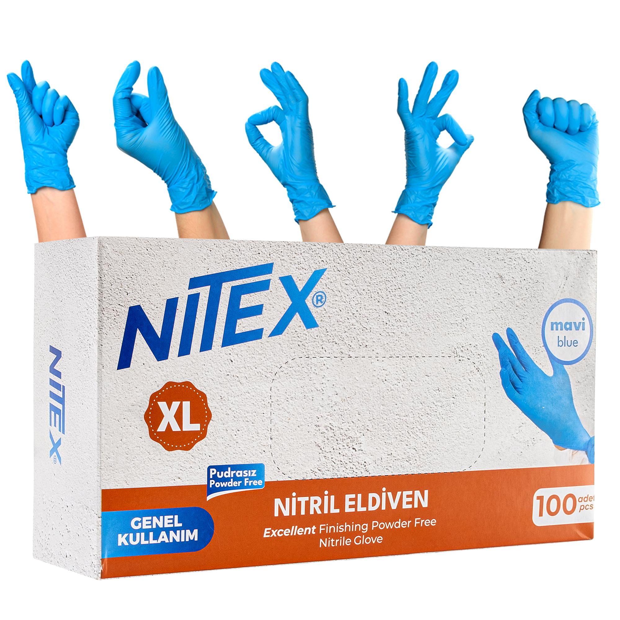 NITEX Pudrasız Mavi Nitril Eldiven XL Beden 100'lü Kutu