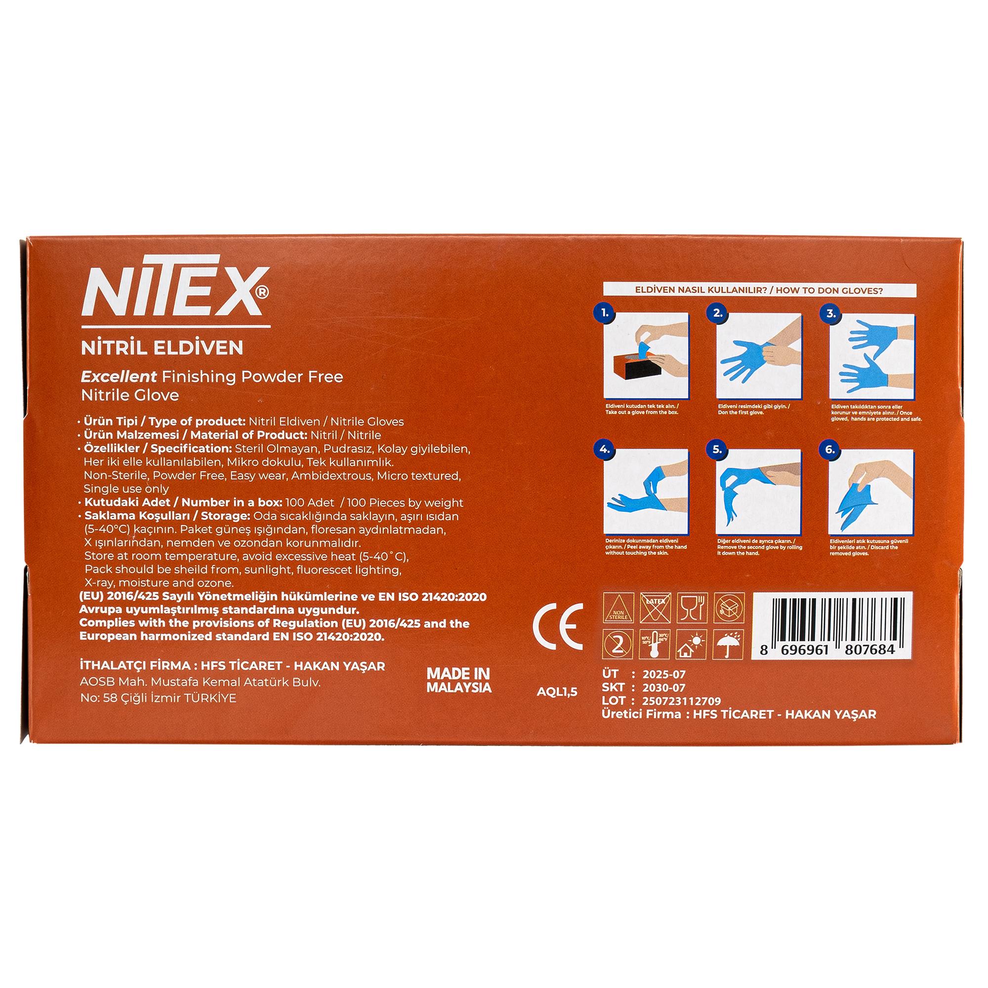 NITEX Pudrasız Mavi Nitril Muayene Eldiveni XL Beden 20 Kutu (1 Koli - 2000 Adet)