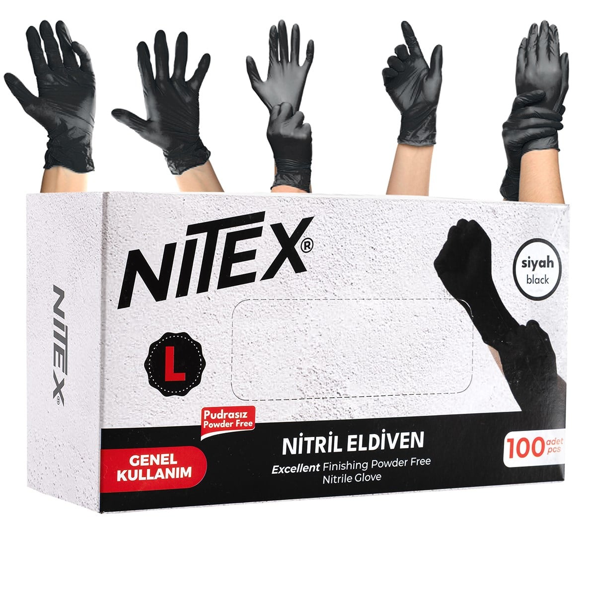 Nitex Siyah Nitril Eldiven L - 100 Adet (Pudrasız & Her İki Ele Uyumlu)