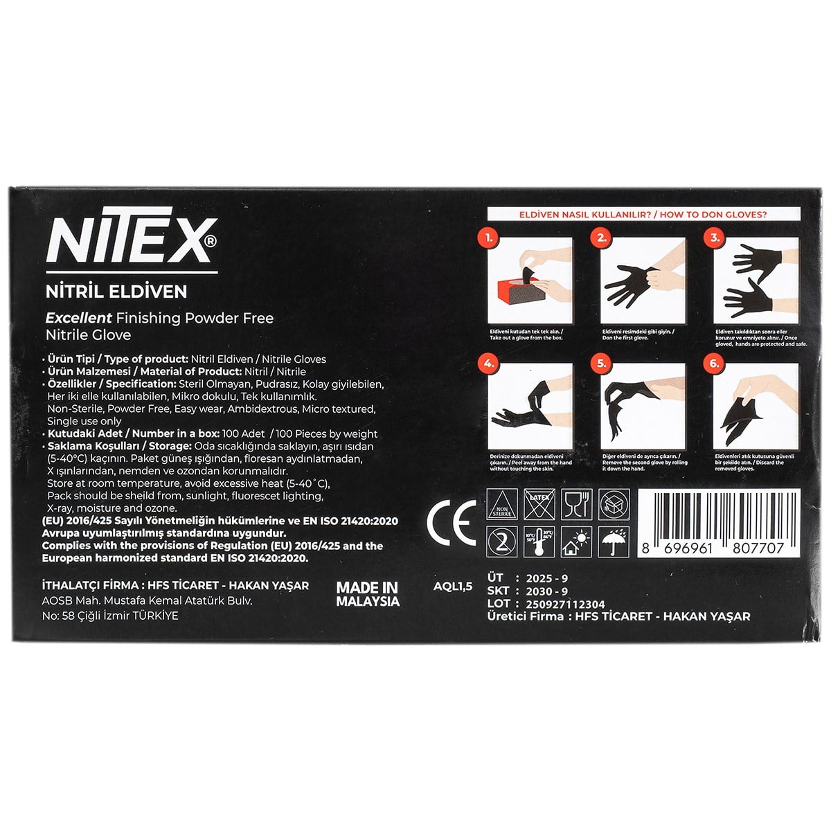 Nitex Siyah Nitril Eldiven L - 100 Adet (Pudrasız & Her İki Ele Uyumlu)