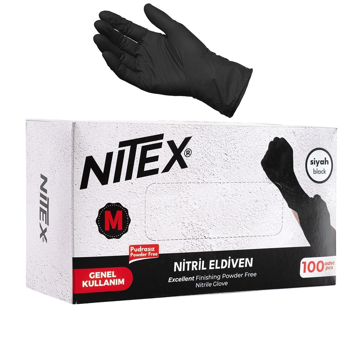 Nitex Siyah Nitril Muayene Eldiveni M Beden 100 Adet - Pudrasız