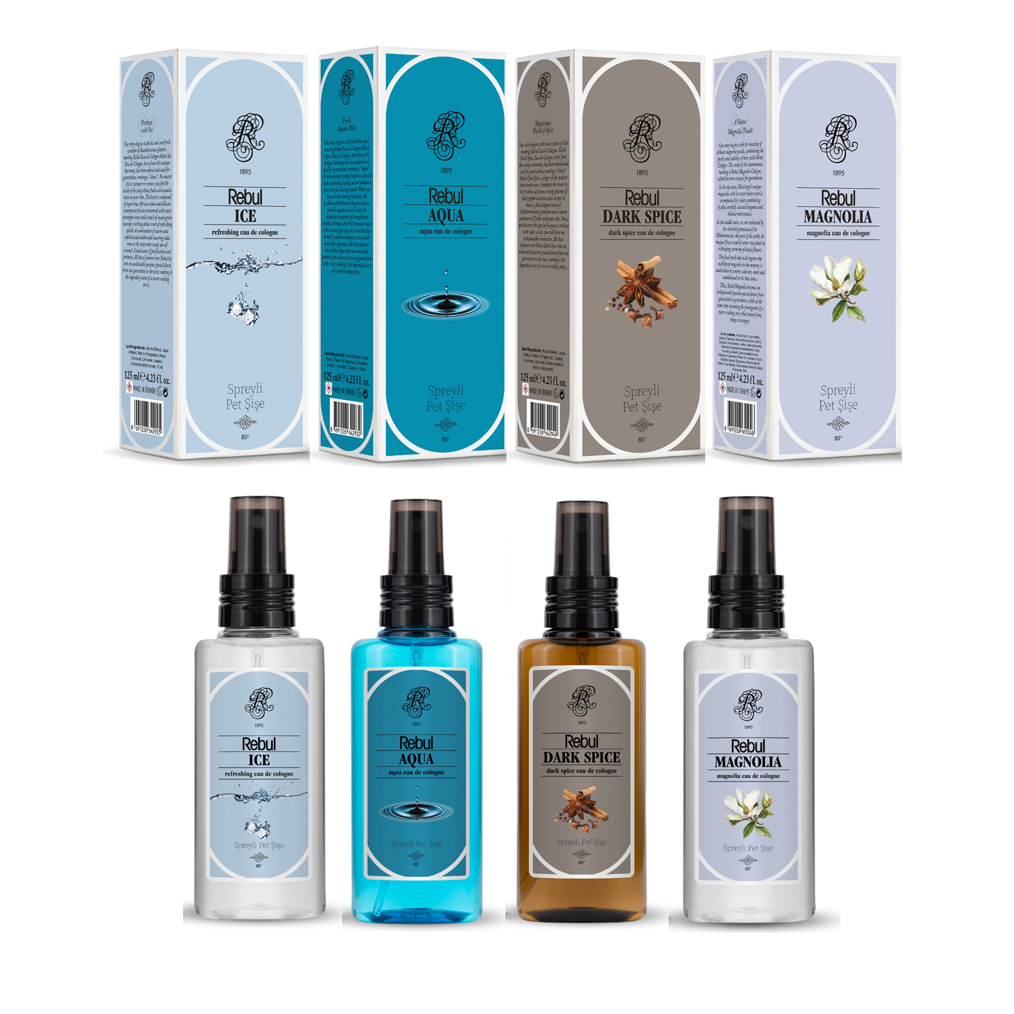 Rebul 4'lü Sprey Kolonya Seti 125 ml (Ice, Aqua, Dark Spice, Magnolia) 80 Derece
