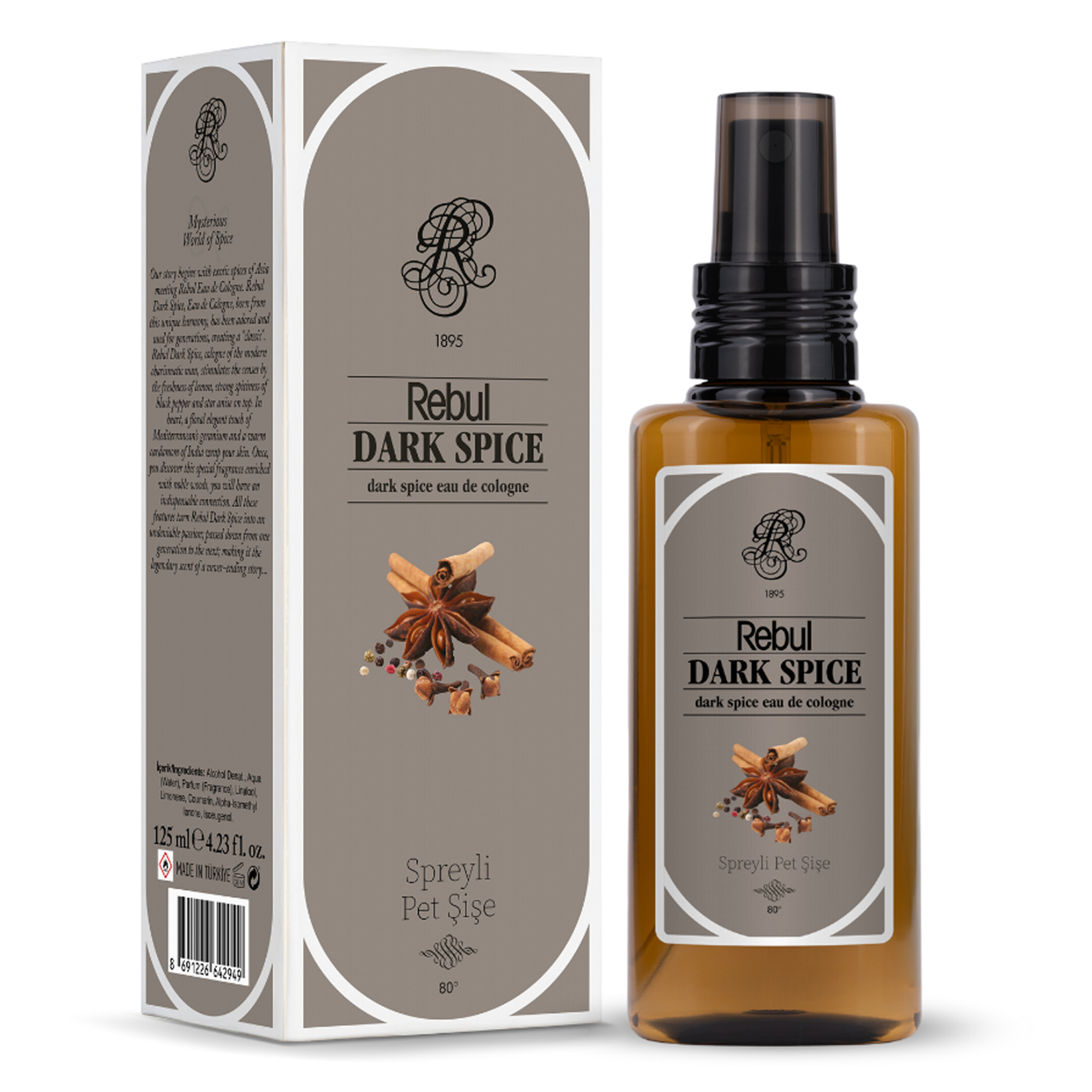 Rebul Dark Spice 125 ml Sprey Kolonya - Pratik Pet Şişe (80 Derece)