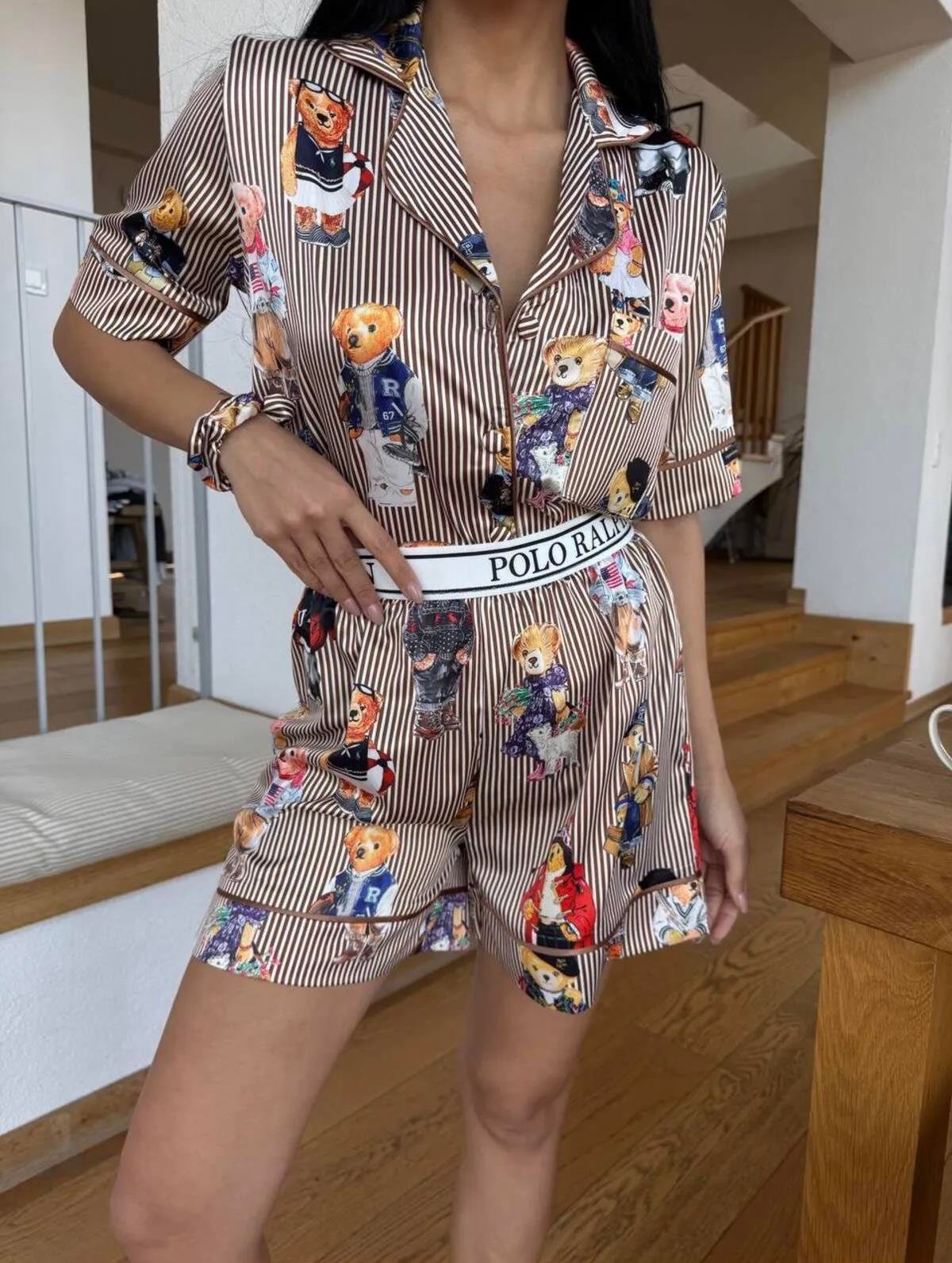 Çizgili Ayıcık Desenli Kısa Pijama Takımı