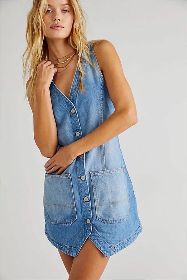 Düğme Detaylı Mavi Renk Denim elbise 