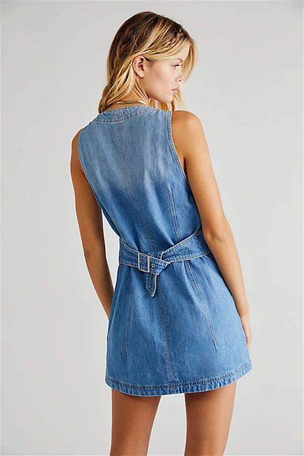 Düğme Detaylı Mavi Renk Denim elbise 