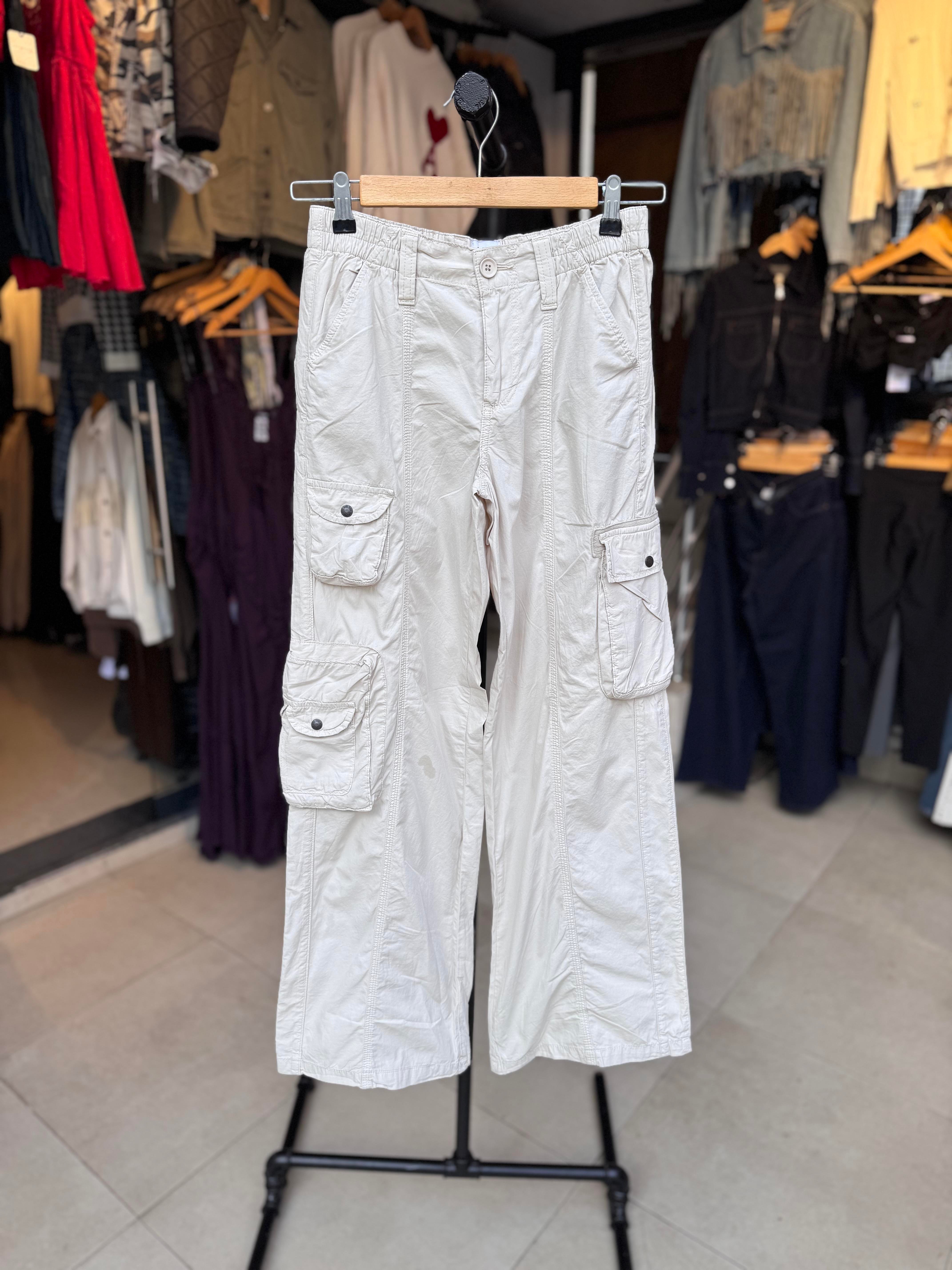 Düşük Bel Paraşüt Kumaş Krem Renk Kargo Pantolon 
