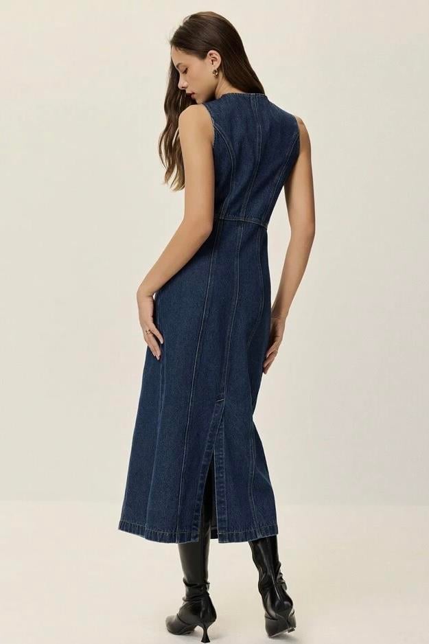 Gold Düğme Detaylı Koyu Mavi Denim Elbise