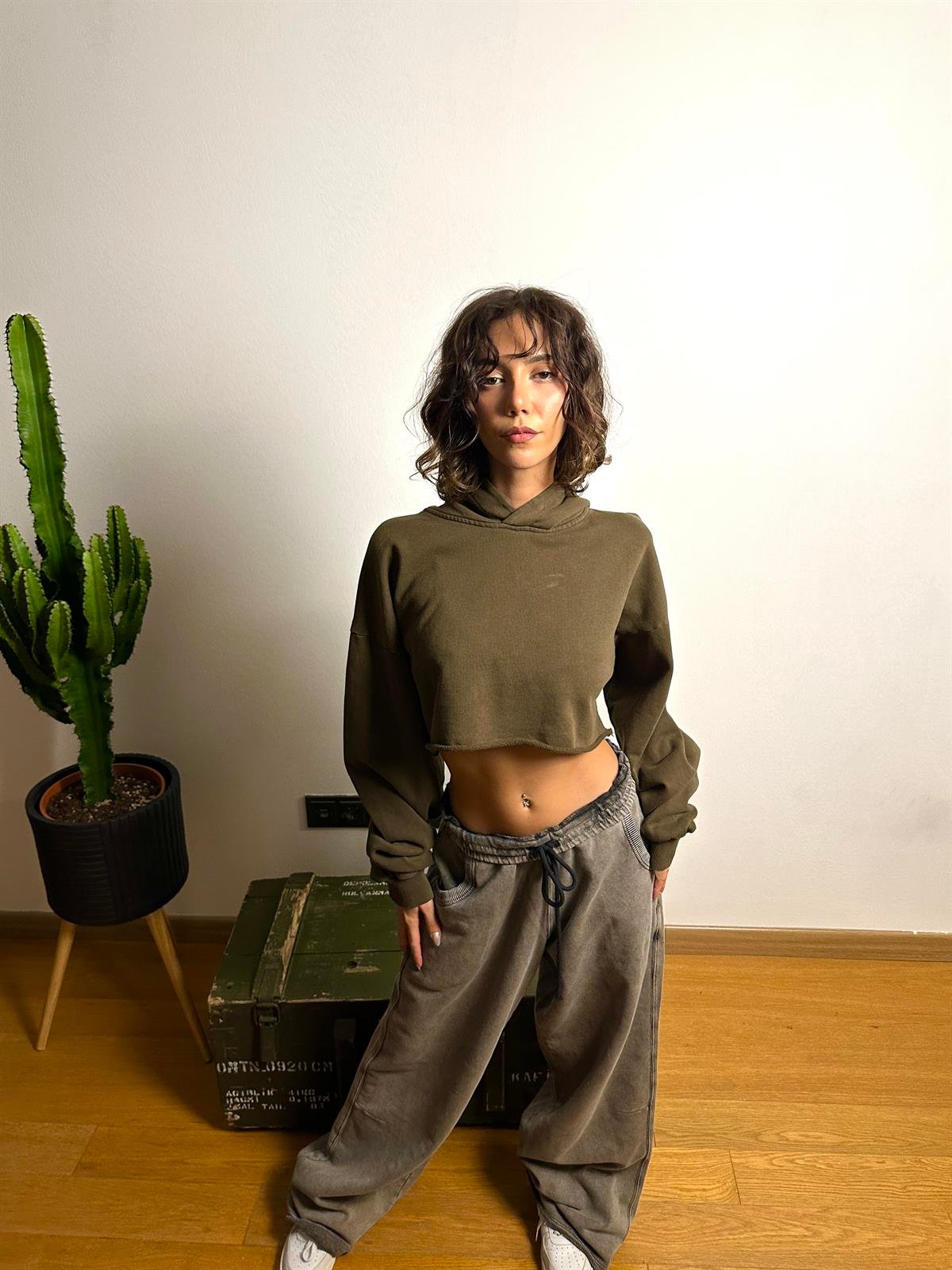 Haki Renk Oversize Crop Sweatshirt