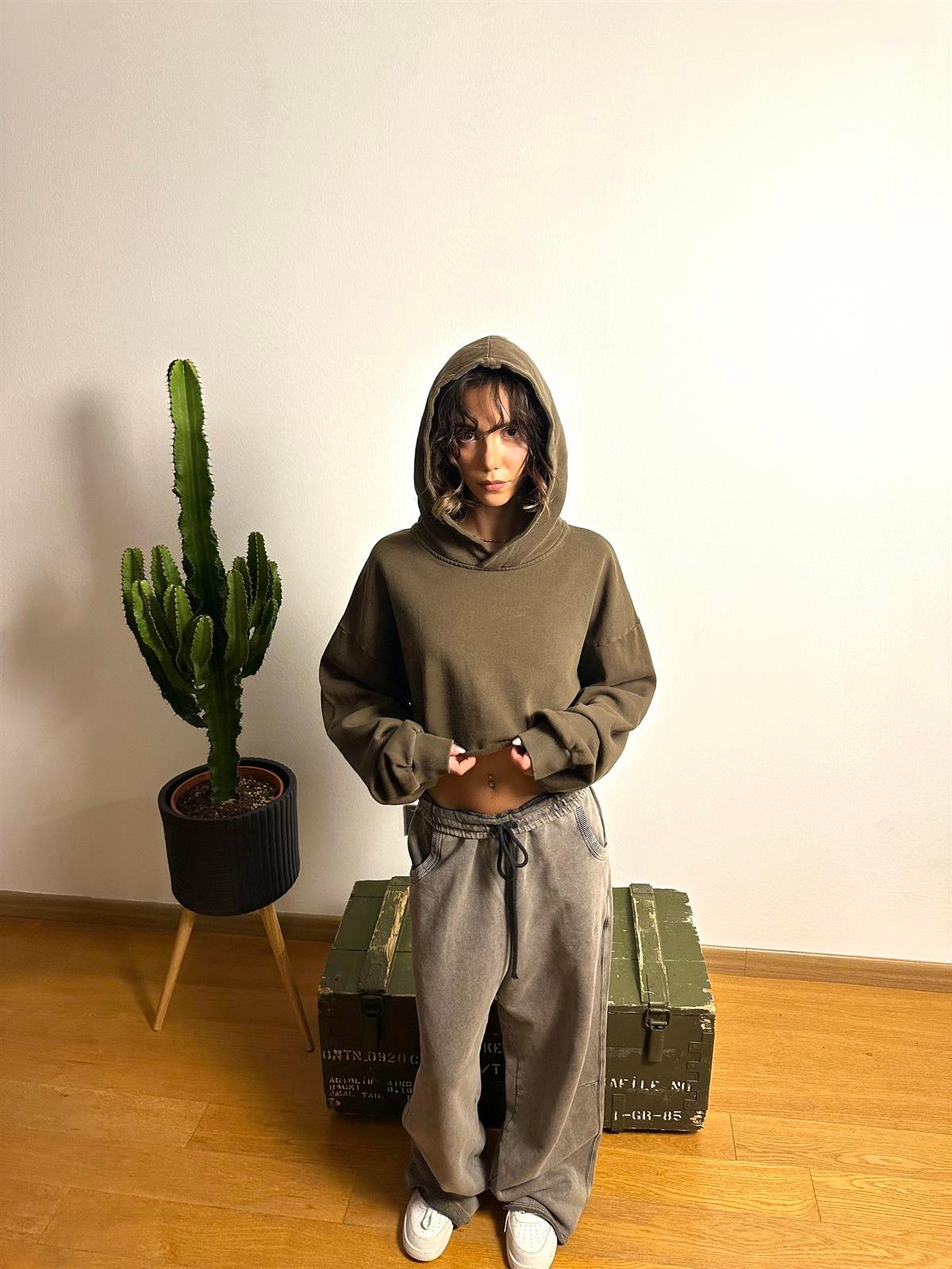 Haki Renk Oversize Crop Sweatshirt