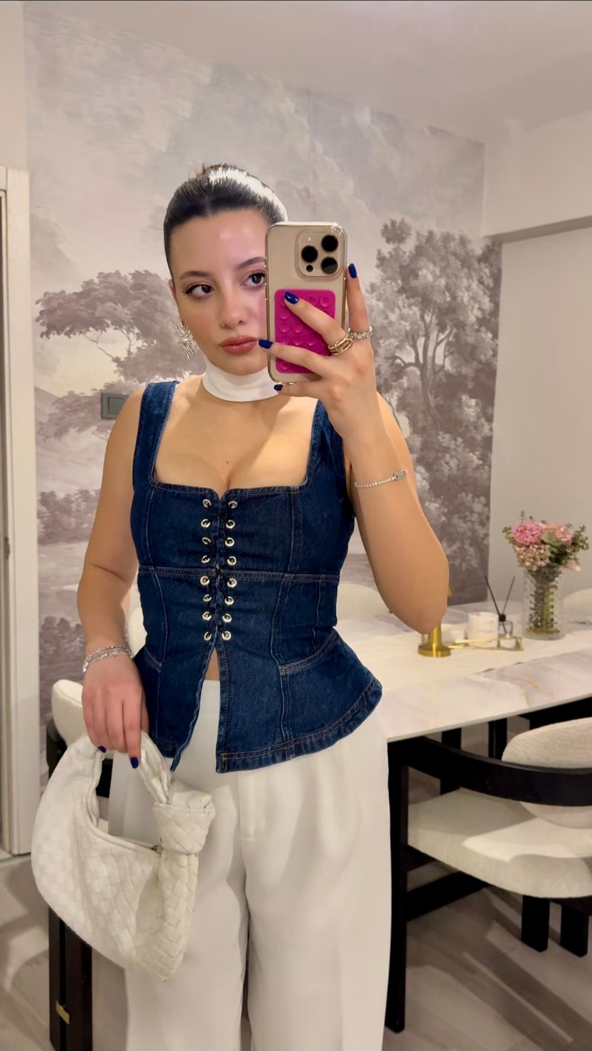 İp Detaylı Mavi Denim Bluz
