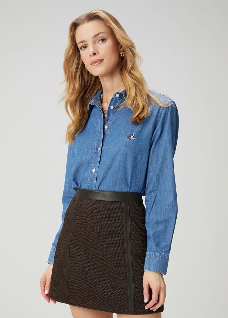 Koyu Mavi Kuş Nakışlı Basic Denim Gömlek