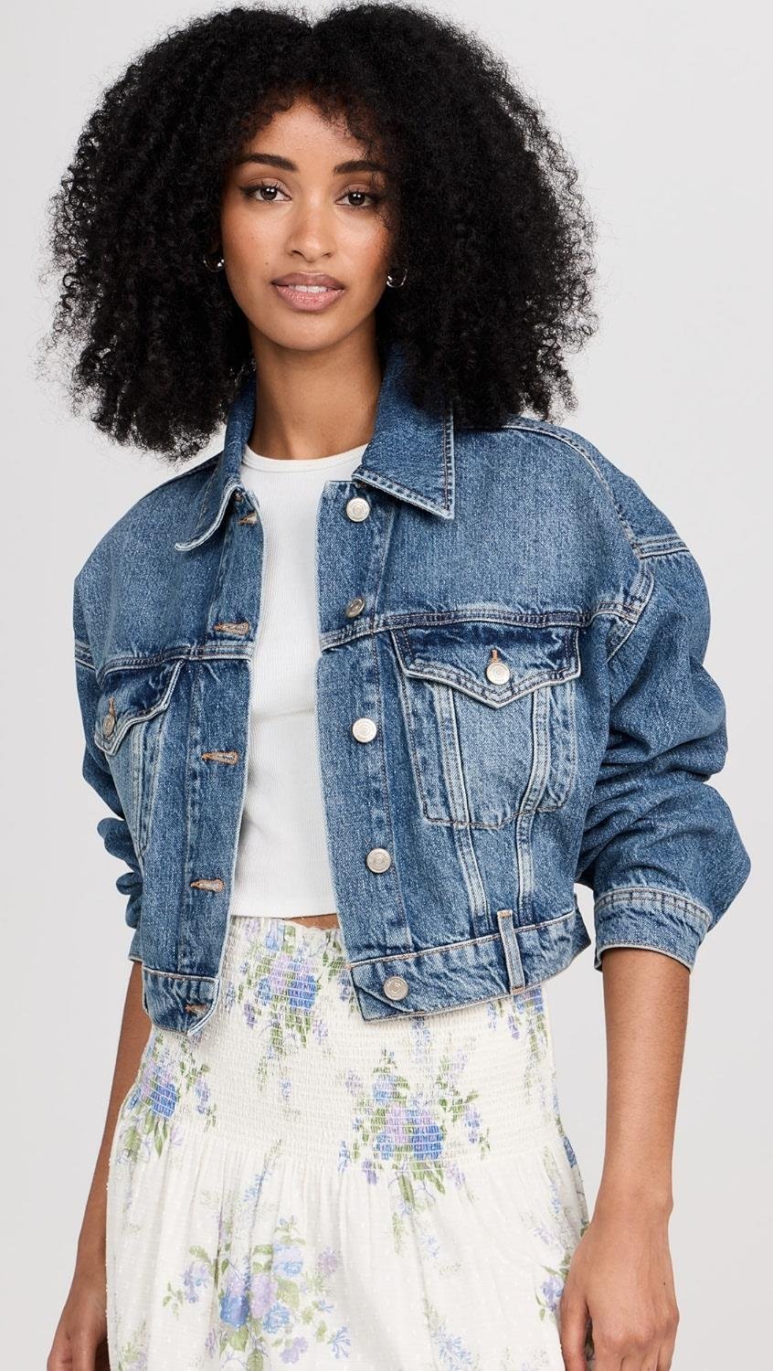 Oversize Yıkamalı Mavi Kot Crop Ceket