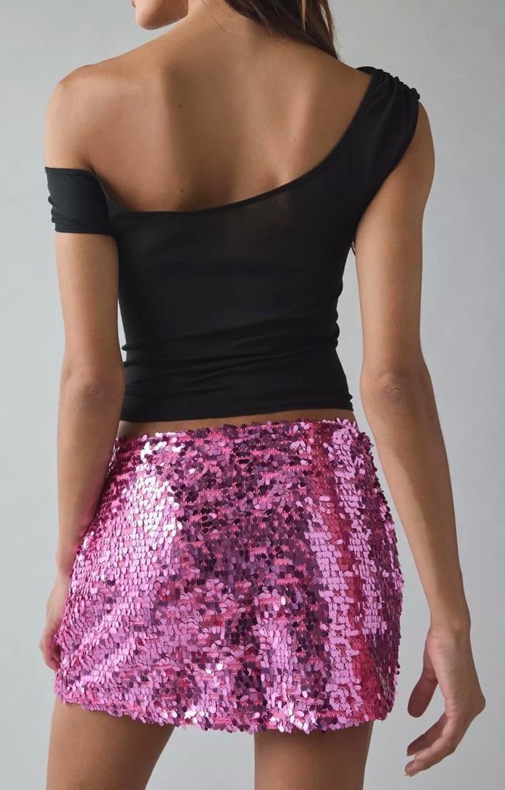 Pul Payetli Pembe Mini Etek