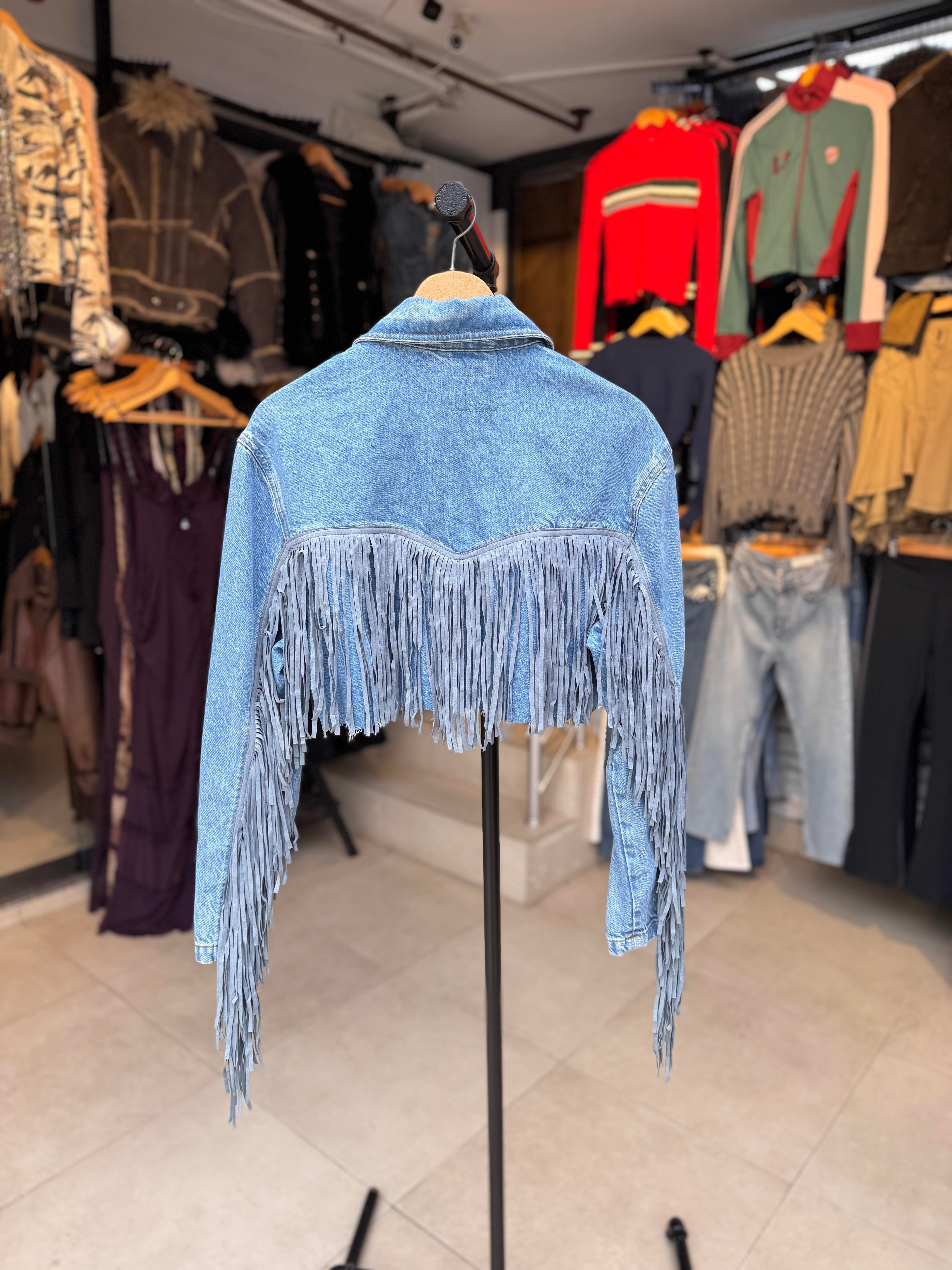 Püskül Detaylı Crop Oversize Mavi Kot Ceket